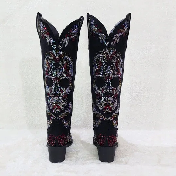 Muerto Country Western Cowgirl Boots Sparkling Iridescent Rhinestones Skull Red